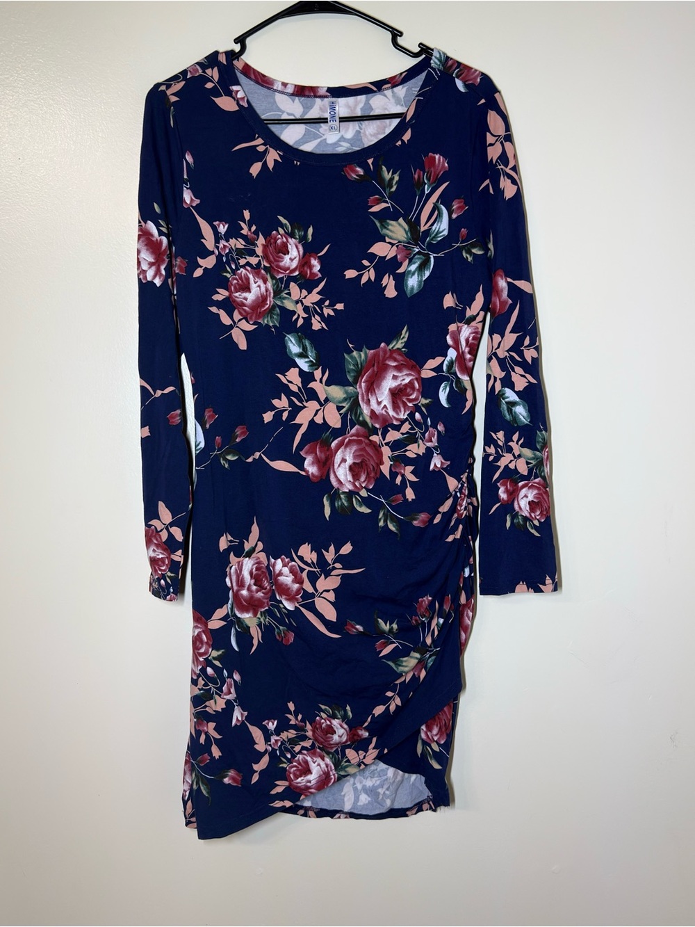 HiMONE Navy Floral Long-Sleeve Ruched Bodycon Dress